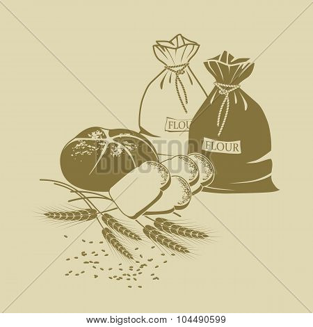 Illustration Of Rye Bread, Toast Bread, Wheat And Sacks Of Flour