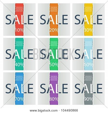 Big set of sale posters with percent discount. Torn paper.