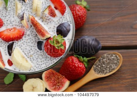 Dessert chia seed pudding with berries and fruits - healthy eating, super food