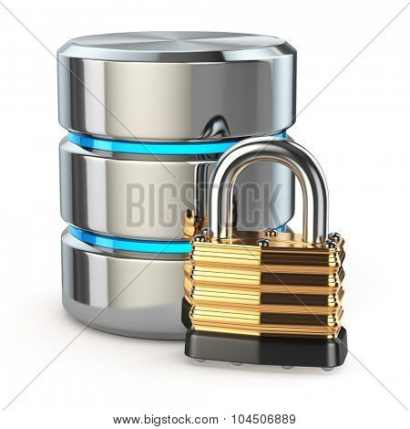 Database storage security concept. Disk with lock isolated on white, 3d