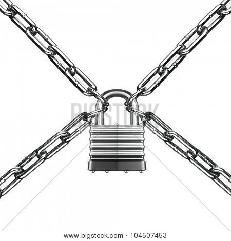 Security concept. Lock and chain. Under protection. 3d