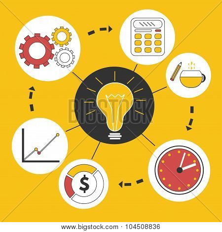 Business idea infographics template. Creative background with clock, lamp, calculator, statistics