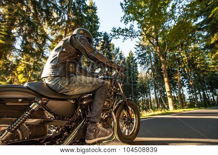 ROUSINOV - SEPTEMBER 29: Harley-Davidson Motorcycle Sportster Iron 883, drives through the forests during sunrise. September 29, 2015 in Rousinov, Czech republic.