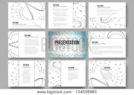 Set of 9 templates for presentation slides. Molecular structure design, blue scientific vector backg
