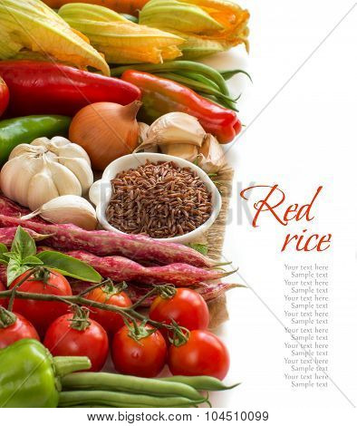 Raw Red Rice In A Bowl And Fresh Vegetables