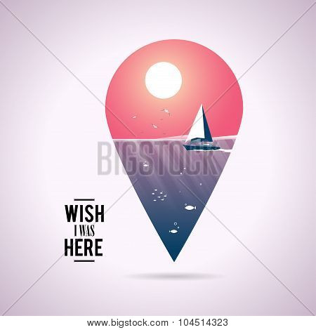 Illustration of a yacht on a background seascape prisoner to a point on the map.
