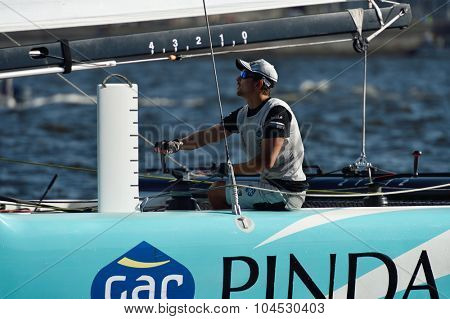 ST. PETERSBURG, RUSSIA - AUGUST 22, 2015: Australian James Wierzbowski on the catamaran of GAC Pindar sailing team from United Kingdom during 3rd day of St. Petersburg stage of Extreme Sailing Series