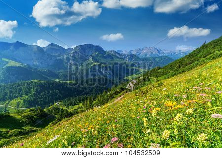 Beautiful view from top of cableway above the Konigsee lake on Schneibstein mountain ridge. Border of German and Austrian Alps, Europe.