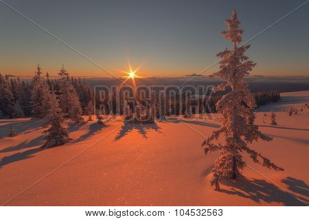 Fantastic orange evening landscape glowing by sunlight. Dramatic wintry scene with snowy trees. Kukul ridge, Carpathians, Ukraine, Europe. Merry Christmas!
