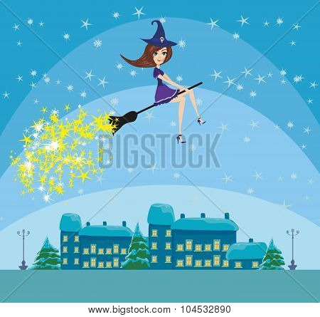 Witch Flying Over The City