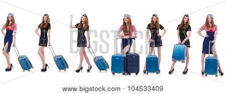 Set of photos with travelling airhostess