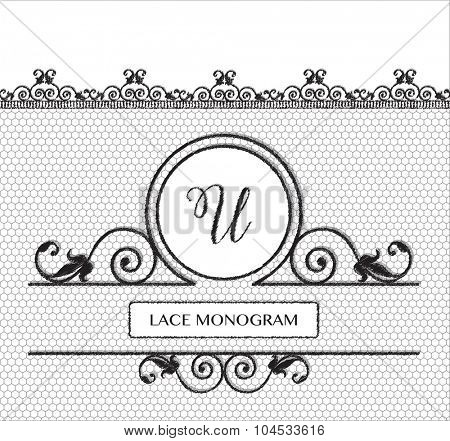 Letter U black lace monogram, stitched on seamless tulle background with antique style floral border. 