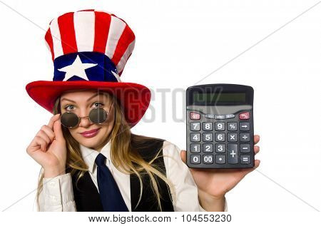 Woman with calculator isolated on white