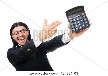 Man with calculator isolated on white