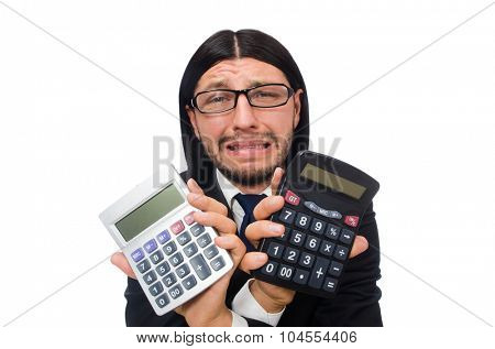 Man with calculator isolated on white