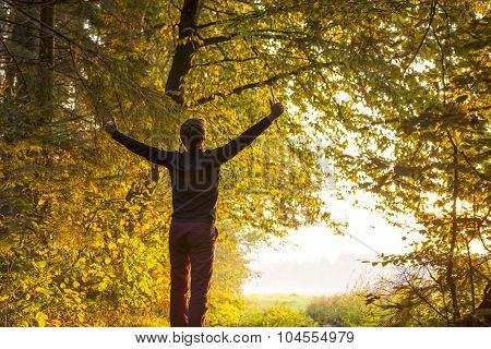 Young Man Standing On The Edge Of Forested Area Raising His Arms In Celebration And Embracement