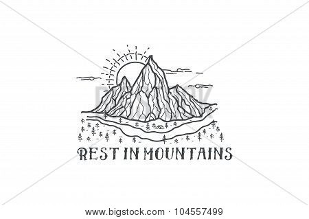 Camping emblem on mountain landscape background