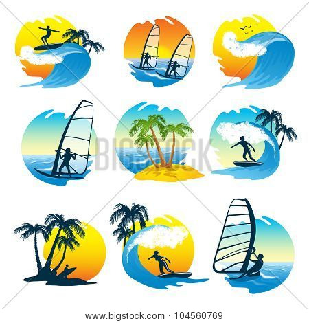 Surfing Icons Set  With People
