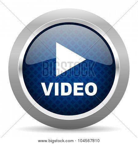 video blue circle glossy web icon on white background, round button for internet and mobile app