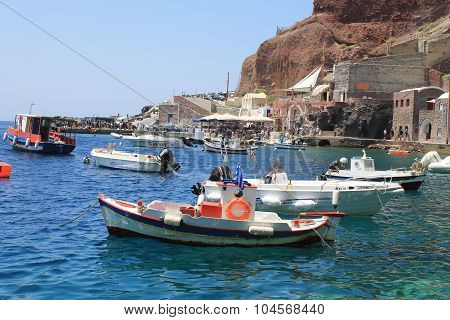 Fishing Boats In Ammoudi Bay, Port Of Oia, Santorini, Greece