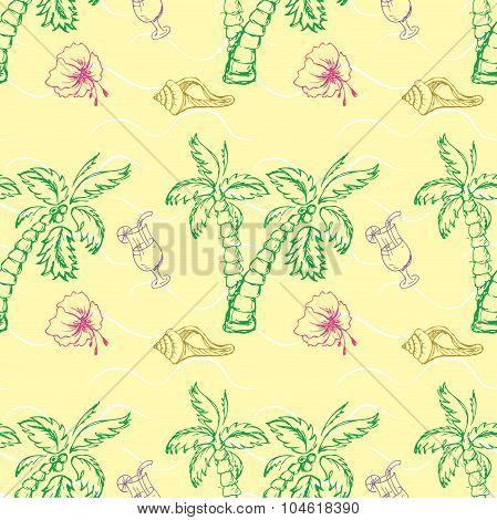 Sea Shell, Palm Tree Seamless Pattern.