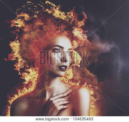 Hell Fire. Abstract beauty portrait with burning flame as part of human