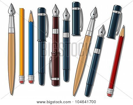 Different pens and pencils vector illustration