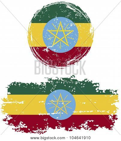 Ethiopian round and square grunge flags. Vector illustration.