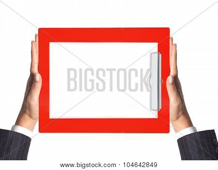 Clipboard With Blank Paper In Woman Hands Isolated On White