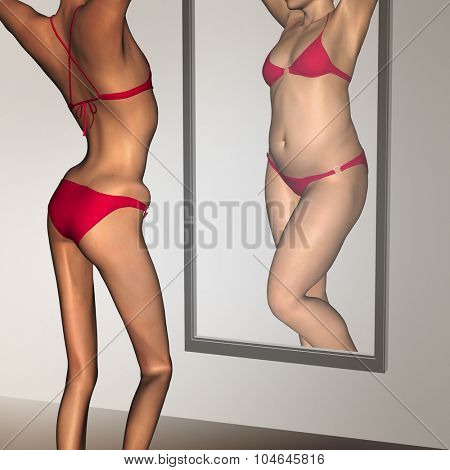 Concept or conceptual 3D woman, girl as fat, overweight vs fit healthy, skinny underweight anorexic female before and after diet over a mirror