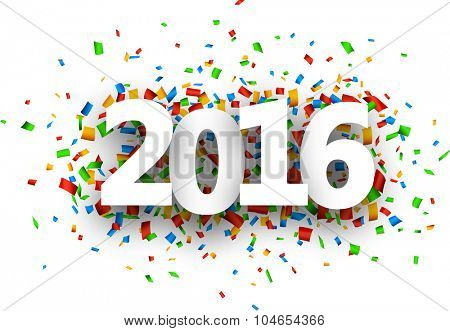 2016 New Year sign with confetti. Vector paper illustration.
