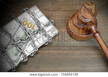 Cyber Crime Concept, Judges Gavel, Keyboard,  Chain On The Table