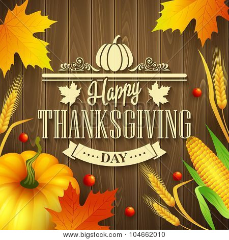 Hand drawn thanksgiving greeting card with leaves, pumpkin and spica on wood background. Vector illu