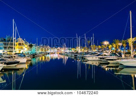 Night Scenery View Of Embankment, Seacoast, Beach In Benalmadena