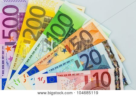 many different euro bills. photo icon for wealth and investment.