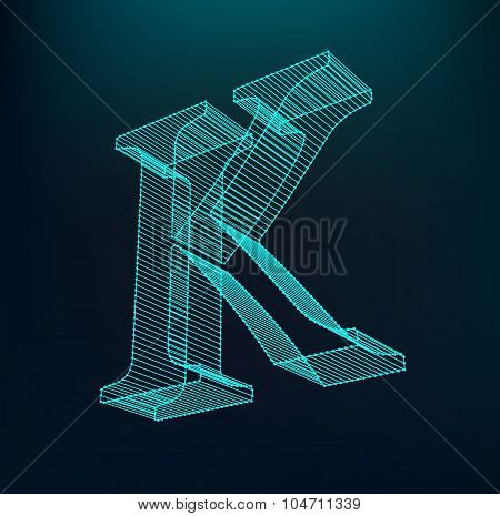 The letter K. Polygonal letter. Low poly model. The three-dimensional mesh. Volume mesh character.