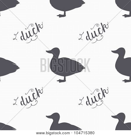 Hand drawn farm bird hipster silhouettes seamless pattern. Duck meat hand lettering
