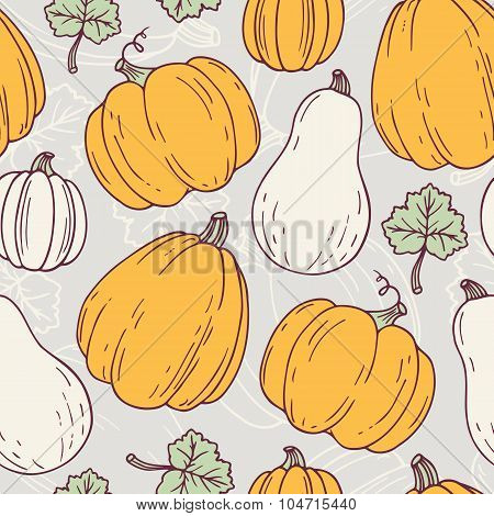 Hand drawn halloween seamless pattern with pumpkins and leves