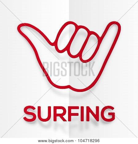 Paper silhouette red surfers shaka symbol with realistic shadow