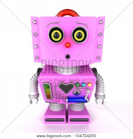 Curious pink toy robot girl leaning forward to look at something with shallow depth of field. Selective focus on the eyes.