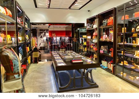 KUALA LUMPUR, MALAYSIA - APRIL 23, 2014: boutique interior in Suria KLCC shopping mall in Petronas Twin Towers. Suria KLCC is one of the largest shopping malls in Malaysia