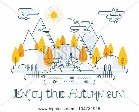 Autumn vector landscape illustration in linear style
