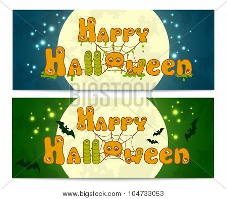 Two halloween banners with full moon, bats and with cute funny hand drawn letters