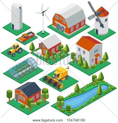 Isometric rural buildings and cottages. 3d tractor, combine, pickup  vector icons set