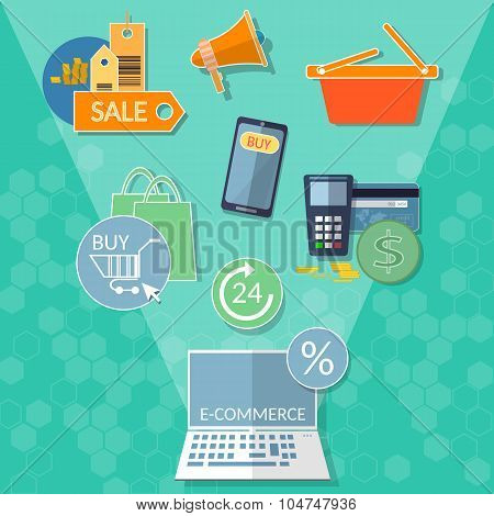 Online Shopping Concept E-commerce Shopping Bags Credit Cards Coupons And Products Set