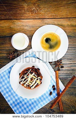 Chocolate Nut Cake on Vintage Retro Woody Background