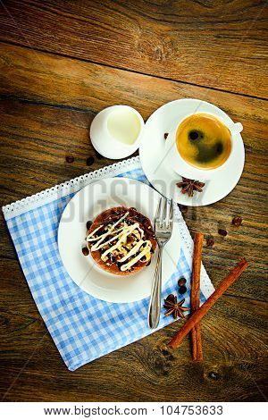 Chocolate Nut Cake on Vintage Retro Woody Background
