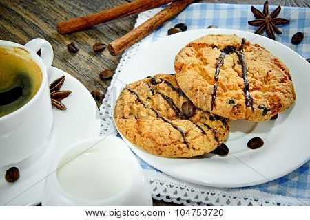 Coffee with Bakery on Woody Retro Background