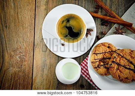 Coffee with Bakery on Woody Retro Background