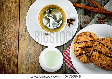 Coffee with Bakery on Woody Retro Background